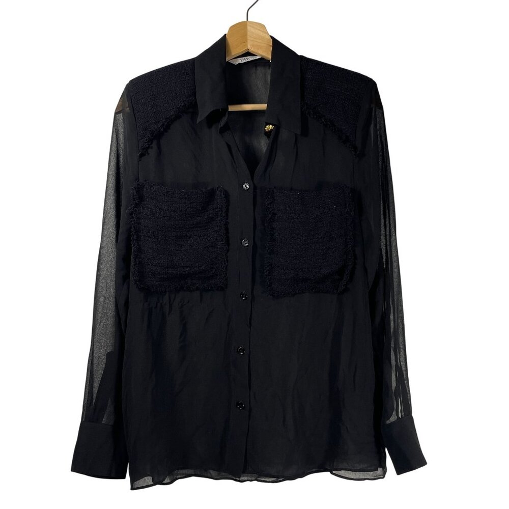Zara Women's Sheer Button Up Blouse Tweed Pockets Shoulder Pad Black Size S